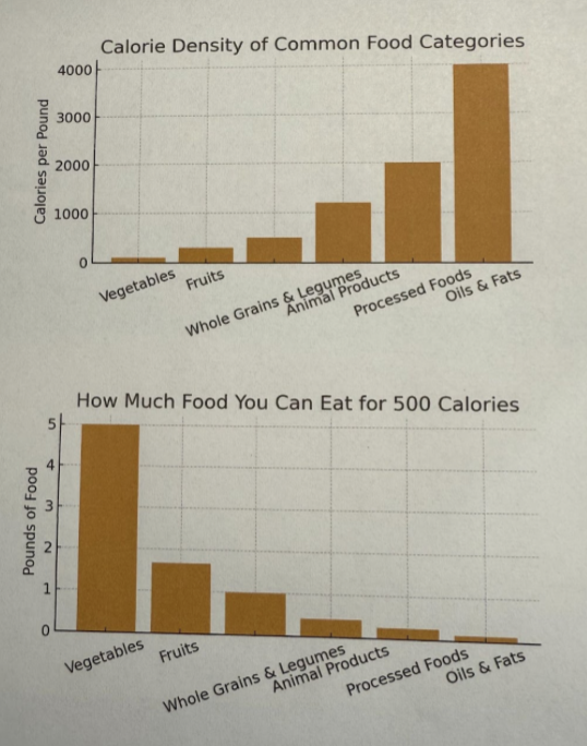 Calorie density comparison chart showing vegetables at 100 calories per pound, fruits at 300 calories per pound, whole grains at 400-600 calories per pound, and animal products and processed foods at 1,200-4,000 calories per pound