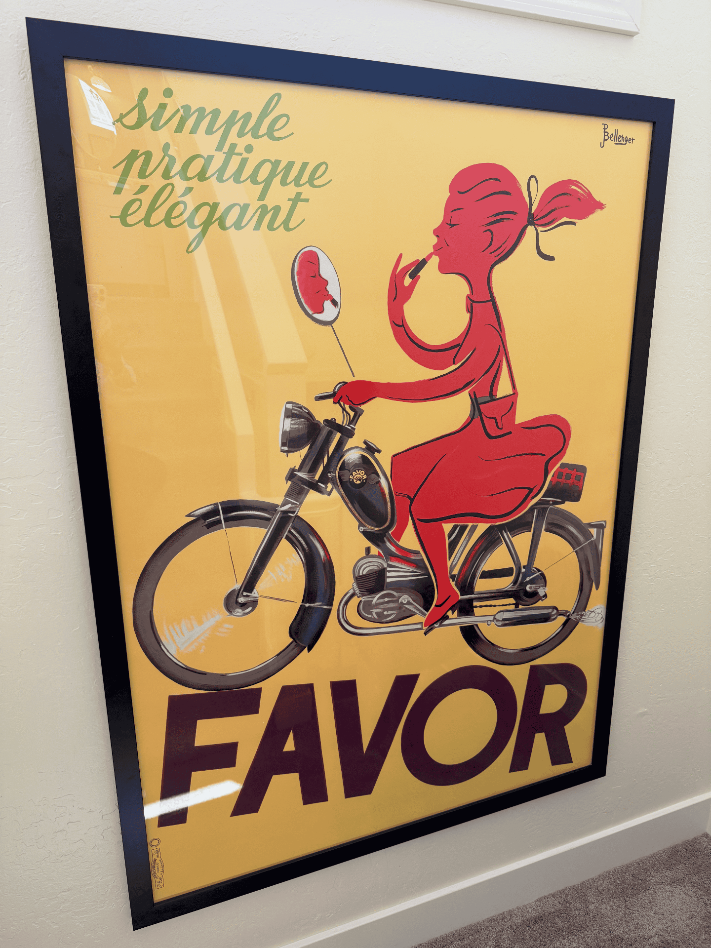 Framed vintage French FAVOR motorbike poster with elegant woman on yellow background - 'simple pratique élégant' - the actual poster from the author's personal collection embodying rebellious spirit